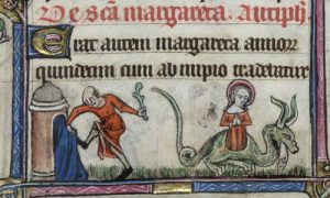 St Margaret in prison and emerging from a dragon. The Taymouth Hours early 14th century